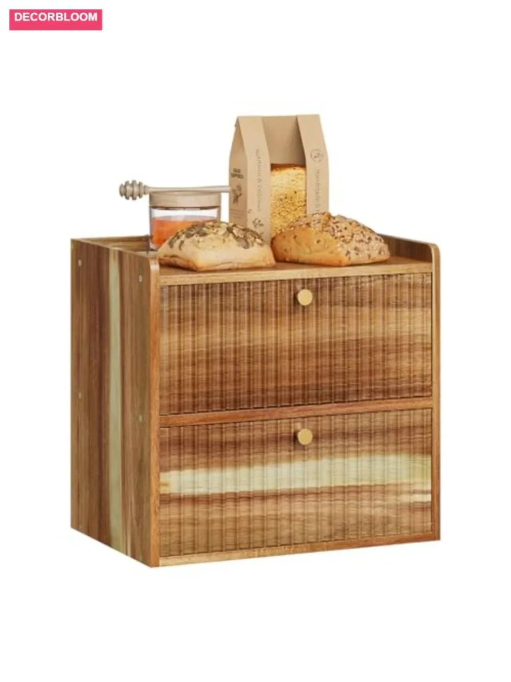 Wood Bread Box Double Layer Farmhouse Kitchen Storage Container Large Capacity